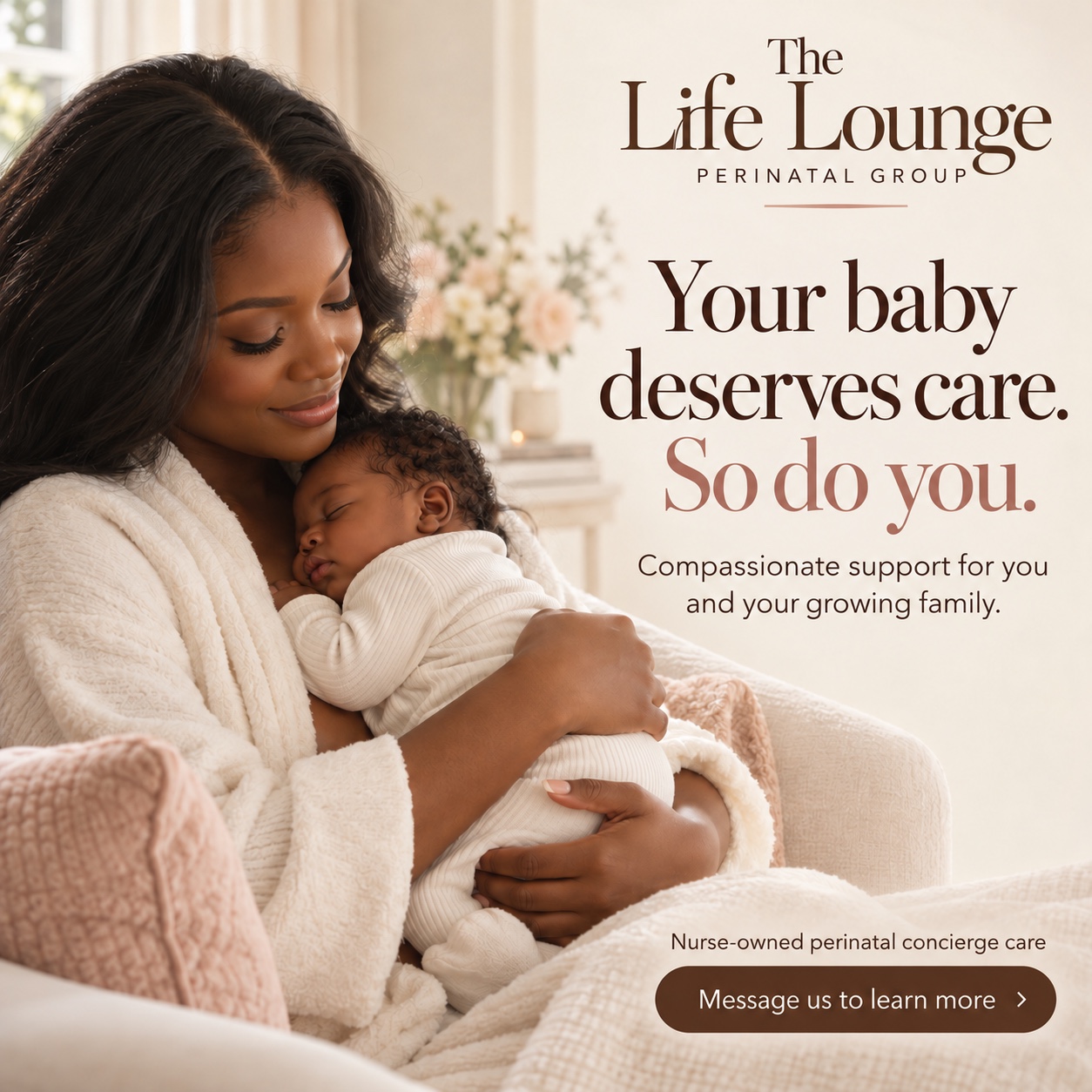 A mother holding her sleeping newborn. Your baby deserves care. So do you. Compassionate support for you and your growing family.